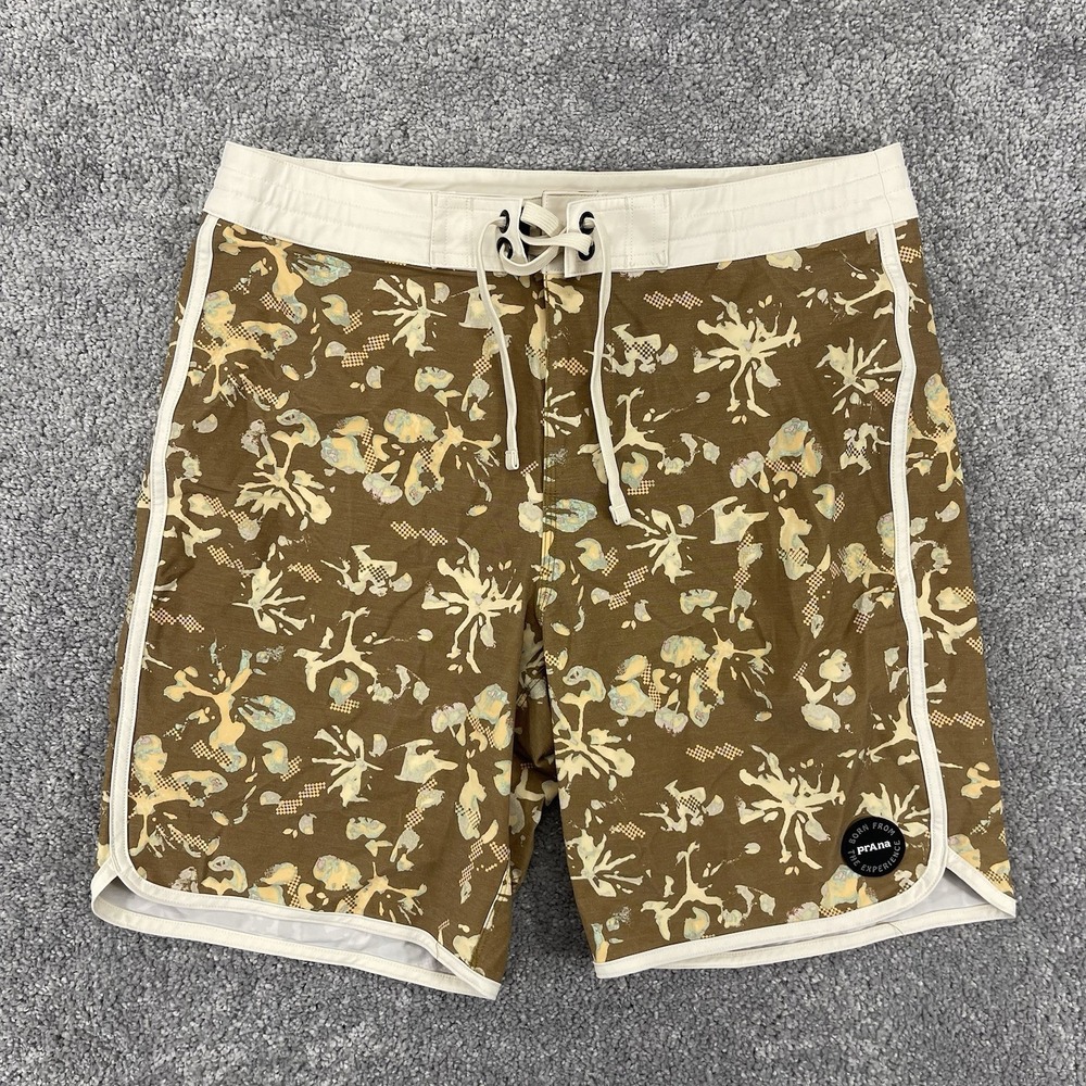 Prana Shorts Mens 30 BoardShort Retro Olive Digibloom 8" Inseam